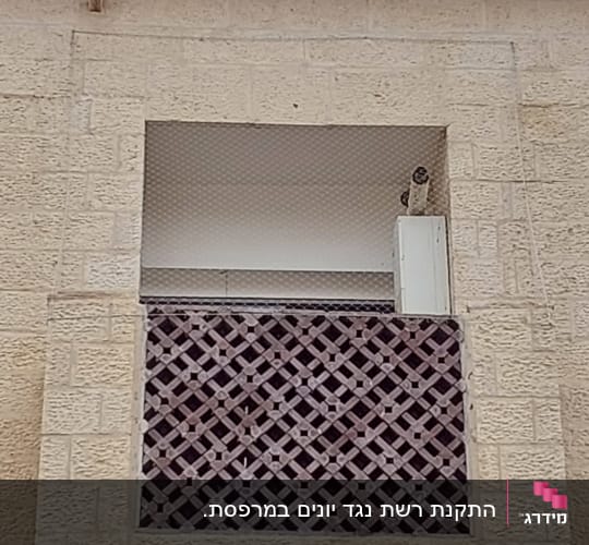 רשת מונעת כניסת יונים במרפסת עם מעקה עץ